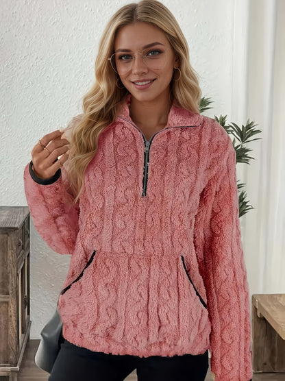 Women's Elegant Plush Full-Zip Winter Jacket - Soft Pink Long Sleeve Coat with Collar, Machine Washable, Warm & Stylish Outerwear for Fall and Winter, Casual to Semi-Formal Occasions