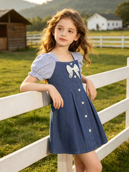 Girls' Casual Knee-Length Denim Dress with Bow & Square Neck