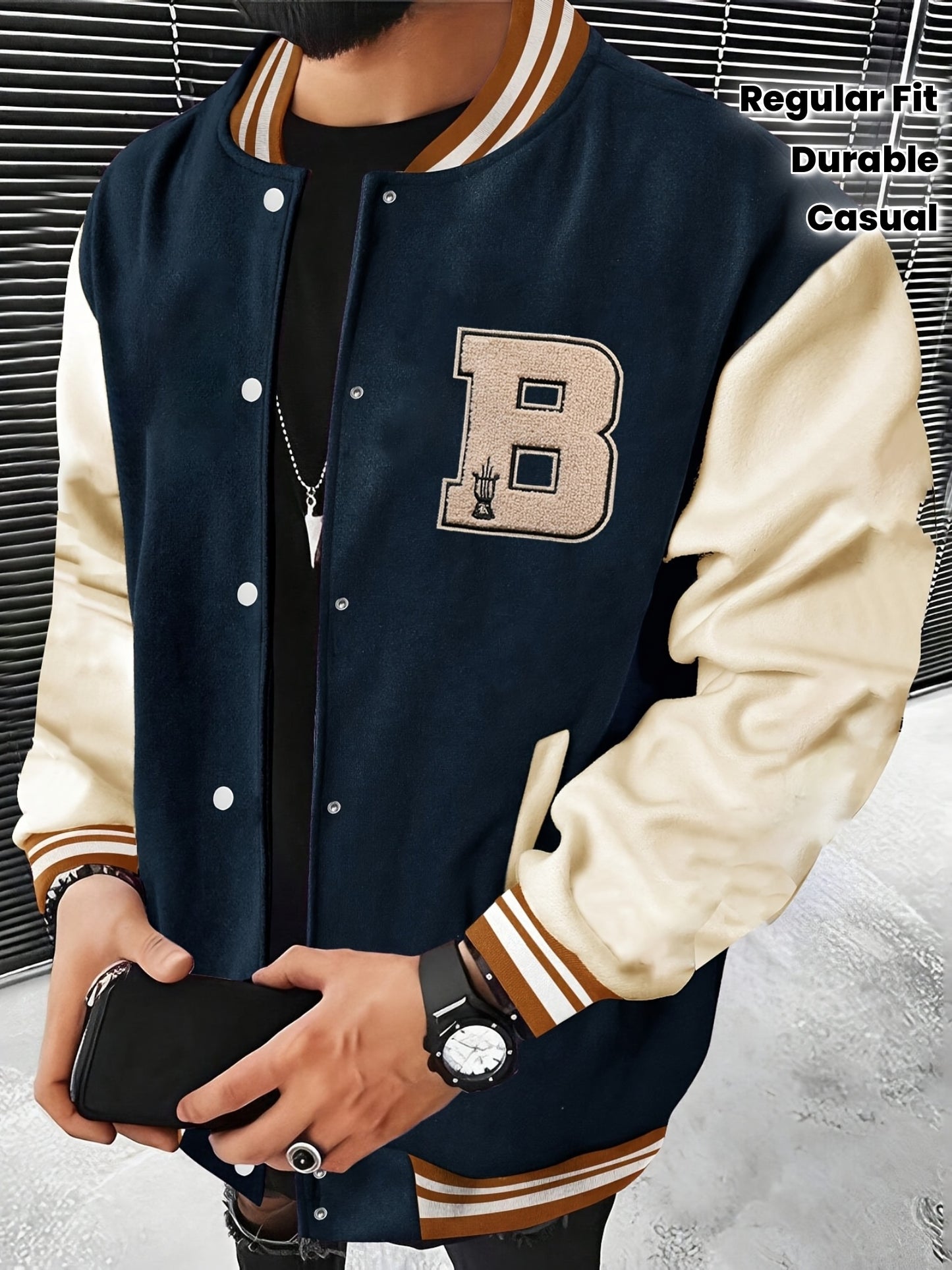 Men'S Baseball Jacket with Letter B Lettering - Navy & Golden Accent Casual Streetwear, Button-Front Closure, Regular Fit Fall/Winter Outerwear, Baseball Jacket