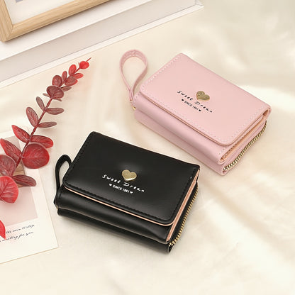 New Women'S Short Wallet, Cute Korean-Style Heart-Shaped, Large Capacity with Multiple Card Slots, Trendy Tri-Fold Design.