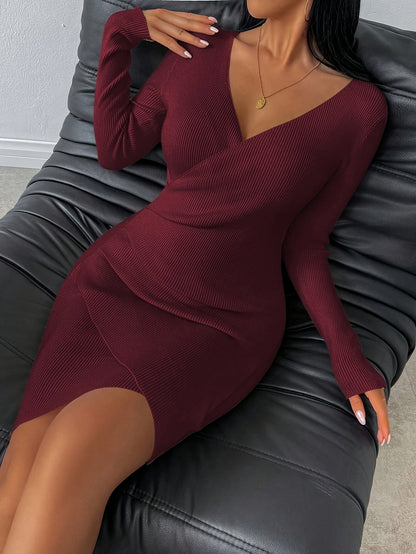 New Autumn and Winter Slim Fit V-Neck Dress Stretchy and Flattering Wrap Design, Elegant Solid Color Mini Dress for Work and Dates