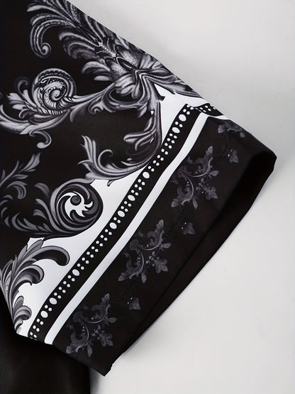 Men'S Suit with a Baroque Print Short-Sleeve Button-Up Shirt And Drawstring Side Pocket Shorts, Two-Piece Loungewear Set.