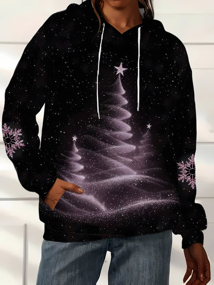 Women's Sparkling Glitter Christmas Tree & Snowflake Print Hooded Sweatshirt - Winter Snowflake Pattern Pullover Sweater with Drawstring Hood, 100% Polyester Machine Washable Cozy Casual Sweater for Xmas Parties & Cold Weathe