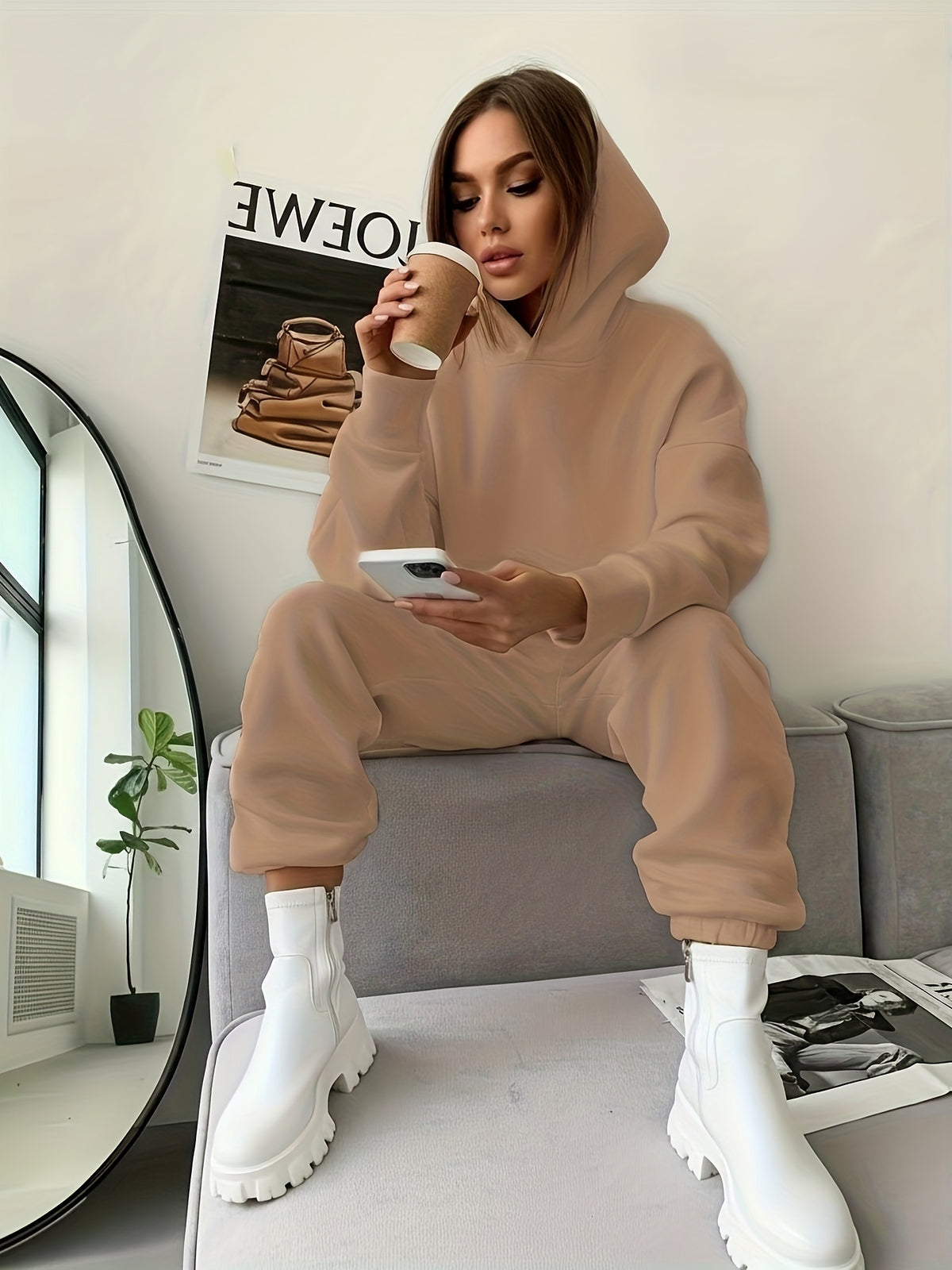 Women's Hooded Fleece-Lined Polyester Pant Set for Fall/Winter - ayq