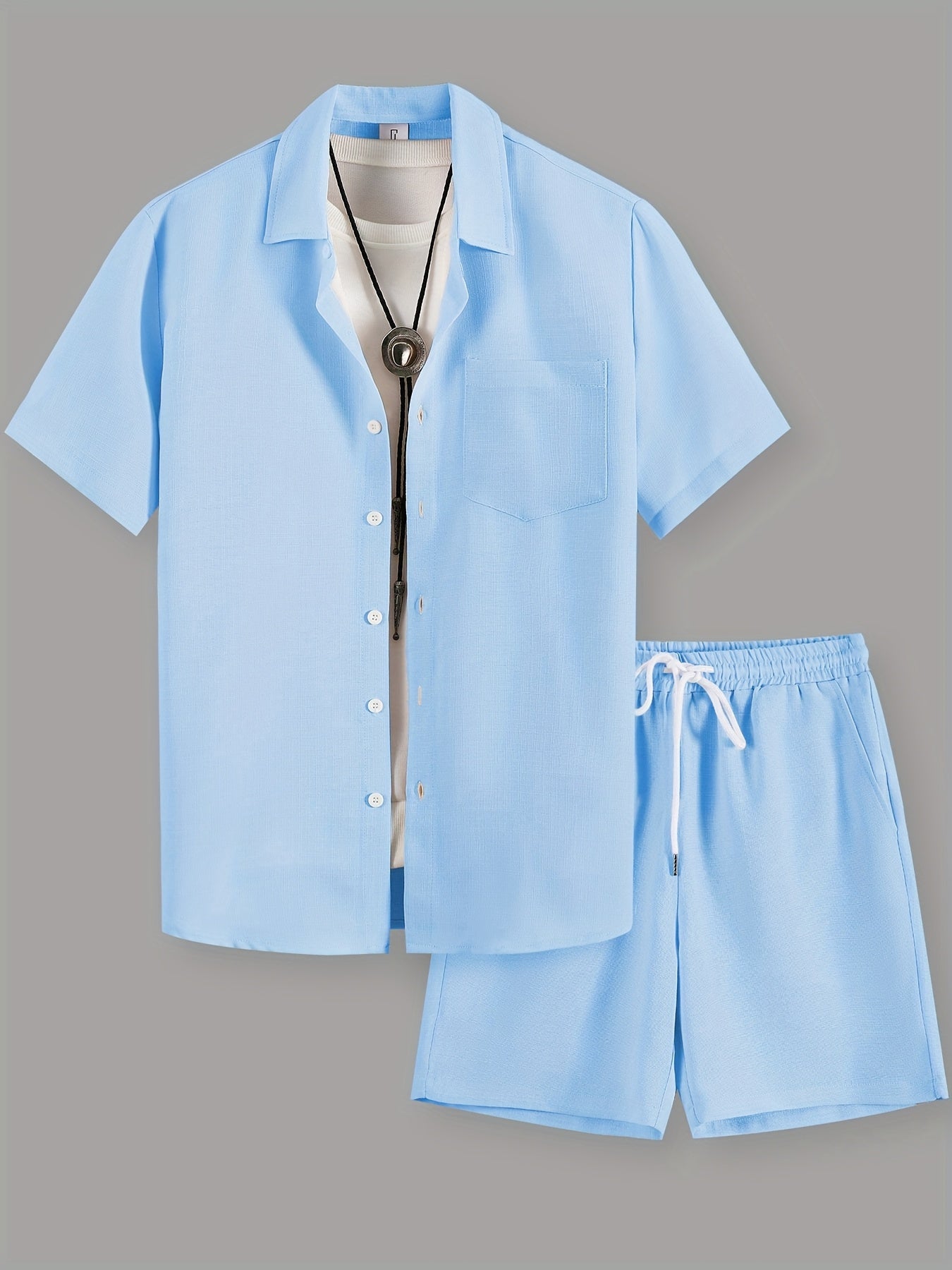 Men's Casual Solid Color Short Sleeve Shirt & Drawstring Shorts Set