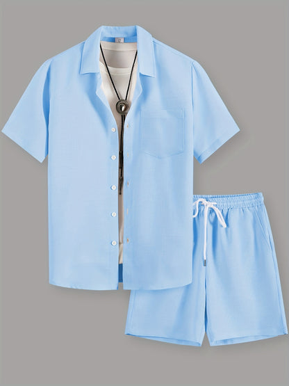 Men's Casual Solid Color Short Sleeve Shirt & Drawstring Shorts Set