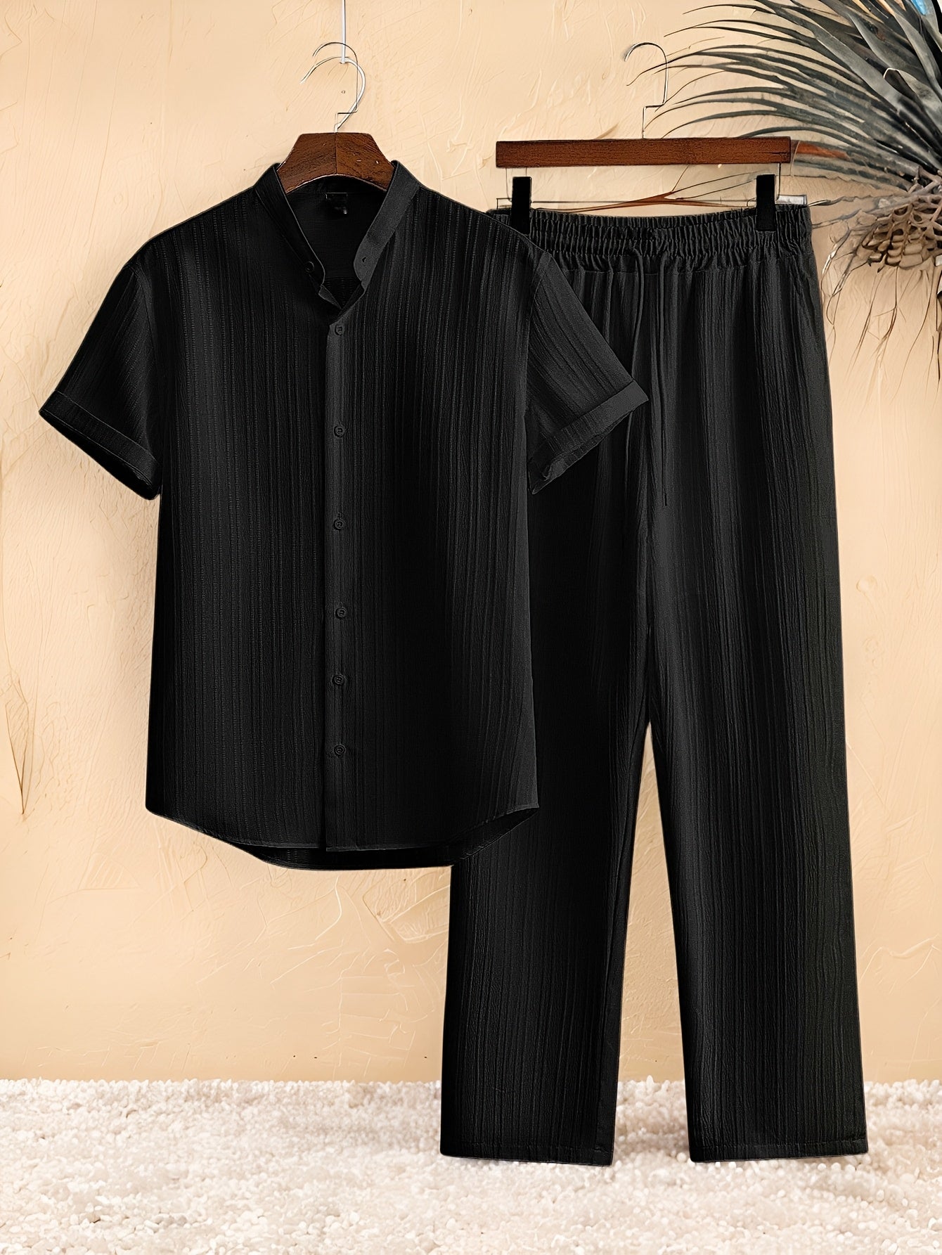 Casual 2pcs Set: Short Sleeve Stand Collar Shirt + Tie Straight Leg Pants, Suitable for Vacation Beach Outdoor Leisure Party