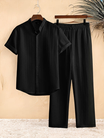 Casual 2pcs Set: Short Sleeve Stand Collar Shirt + Tie Straight Leg Pants, Suitable for Vacation Beach Outdoor Leisure Party