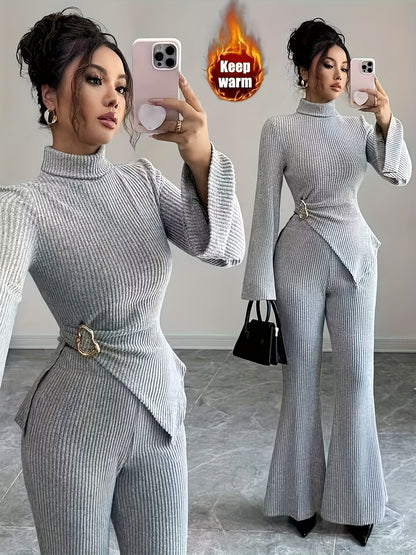 Women'S Autumn-Winter Fleece-Lined High Neck Asymmetrical Hem Long Sleeve Pants Suit | Elegant Solid Color Design.