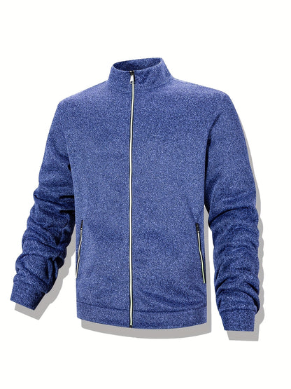Men'S Stand Collar Zipper Jacket, Fashion Solid Color, Long Sleeve, Fleece, Soft, Casual, Polyester, with Zipper Pocket, for Daily, Sports, Fitness