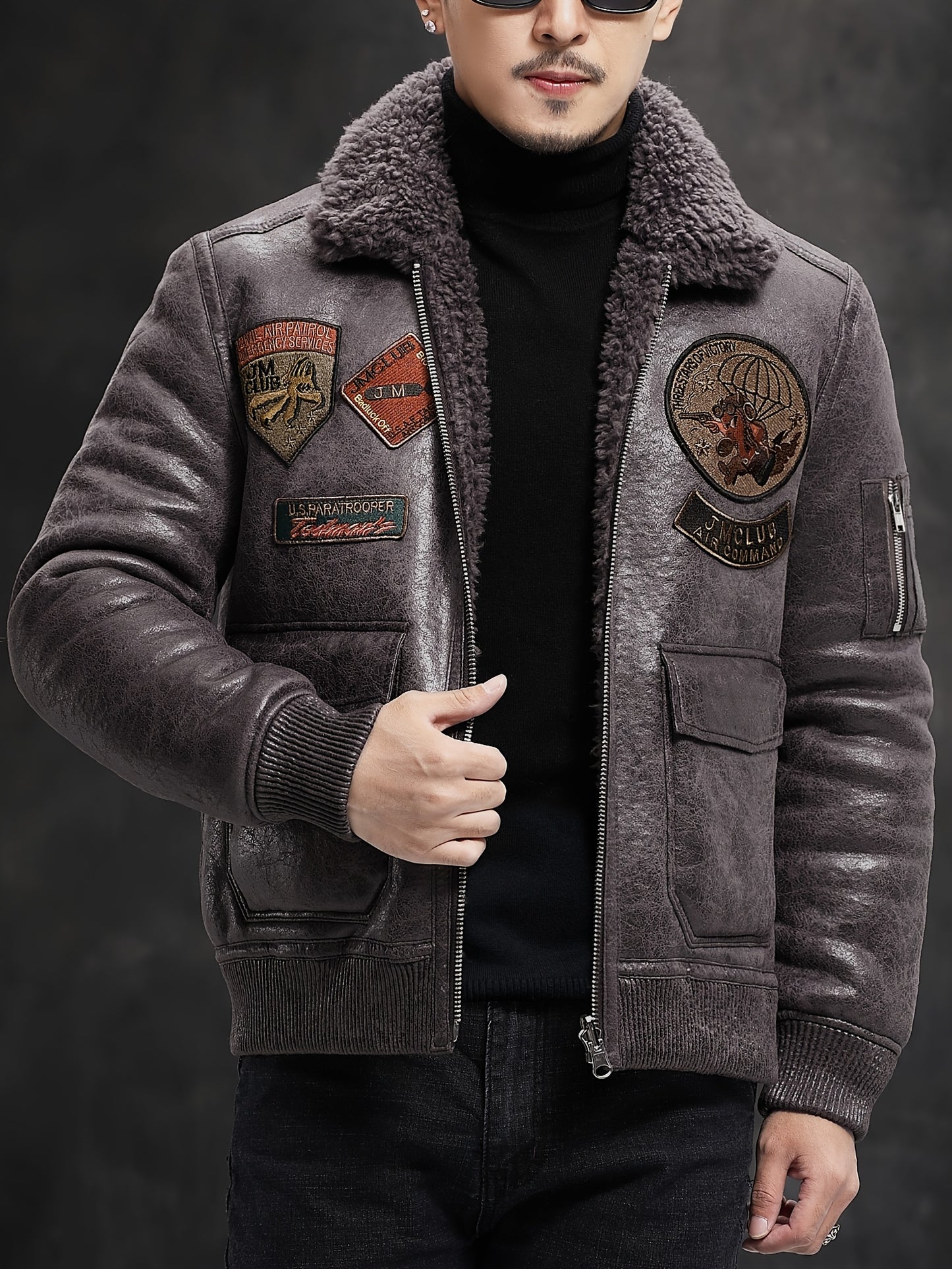 Men'S Faux Fur Lined Biker Jacket, Casual Long Sleeve Applique Air Force Style, Polyester 100% Knit Fabric, Solid Color Lapel Collar, Zipper Closure, Regular Fit for Daily & Golf Occasions - Fall/Winter Collection