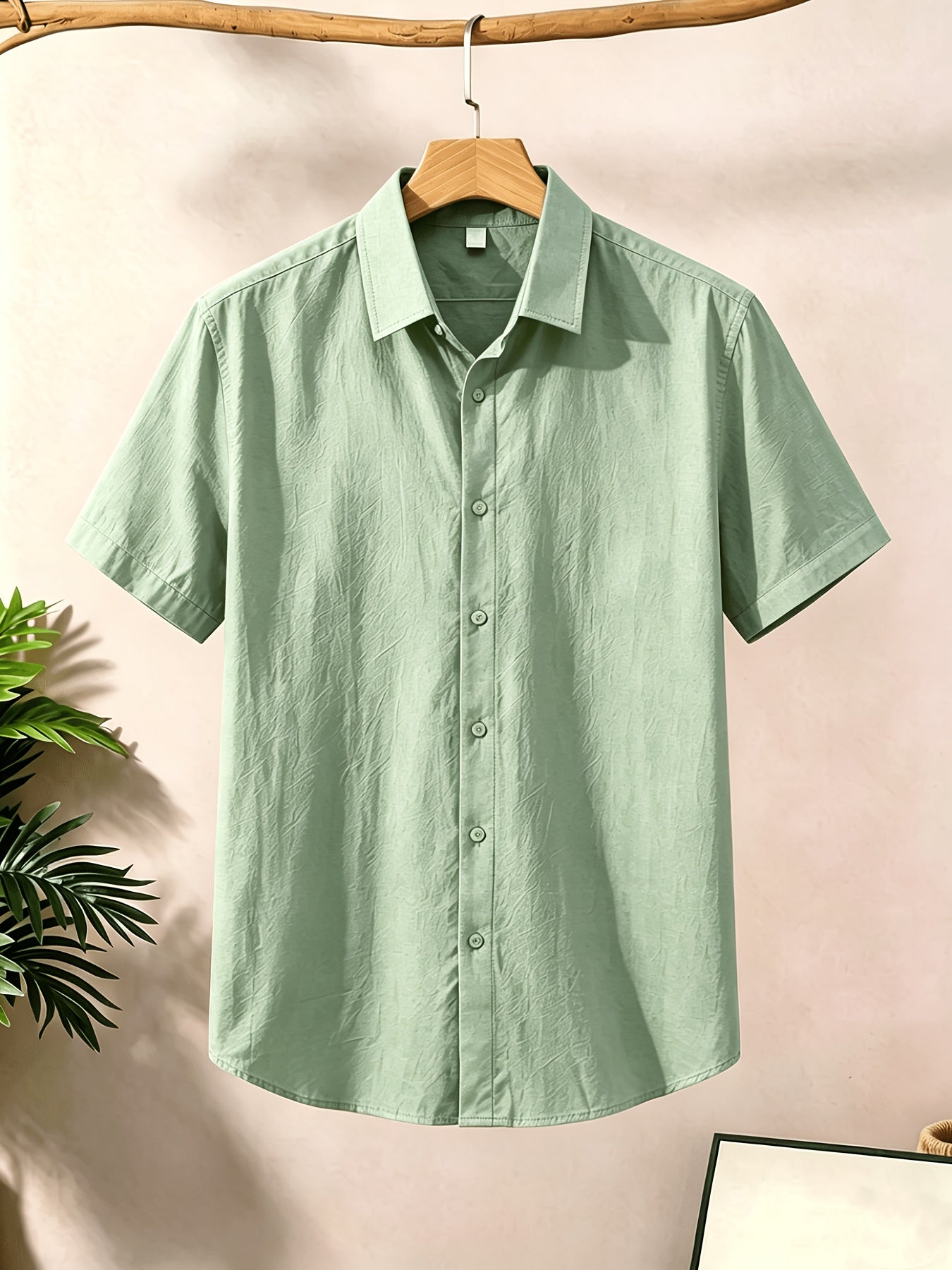 Men's Casual Button-Up Shirt, Cotton-Linen Blend, Short Sleeve