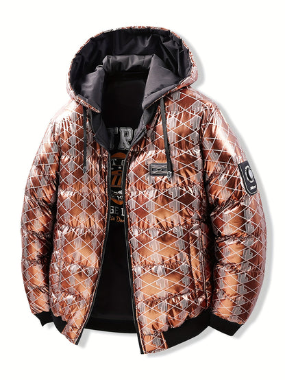 Men'S Stylish Hooded Winter Jacket - Thickened, Warm, and Trendy with Geometric Pattern, Black with Orange Accents, Polyester Filler, Perfect for Cold Weather, Winter Jacket Hooded