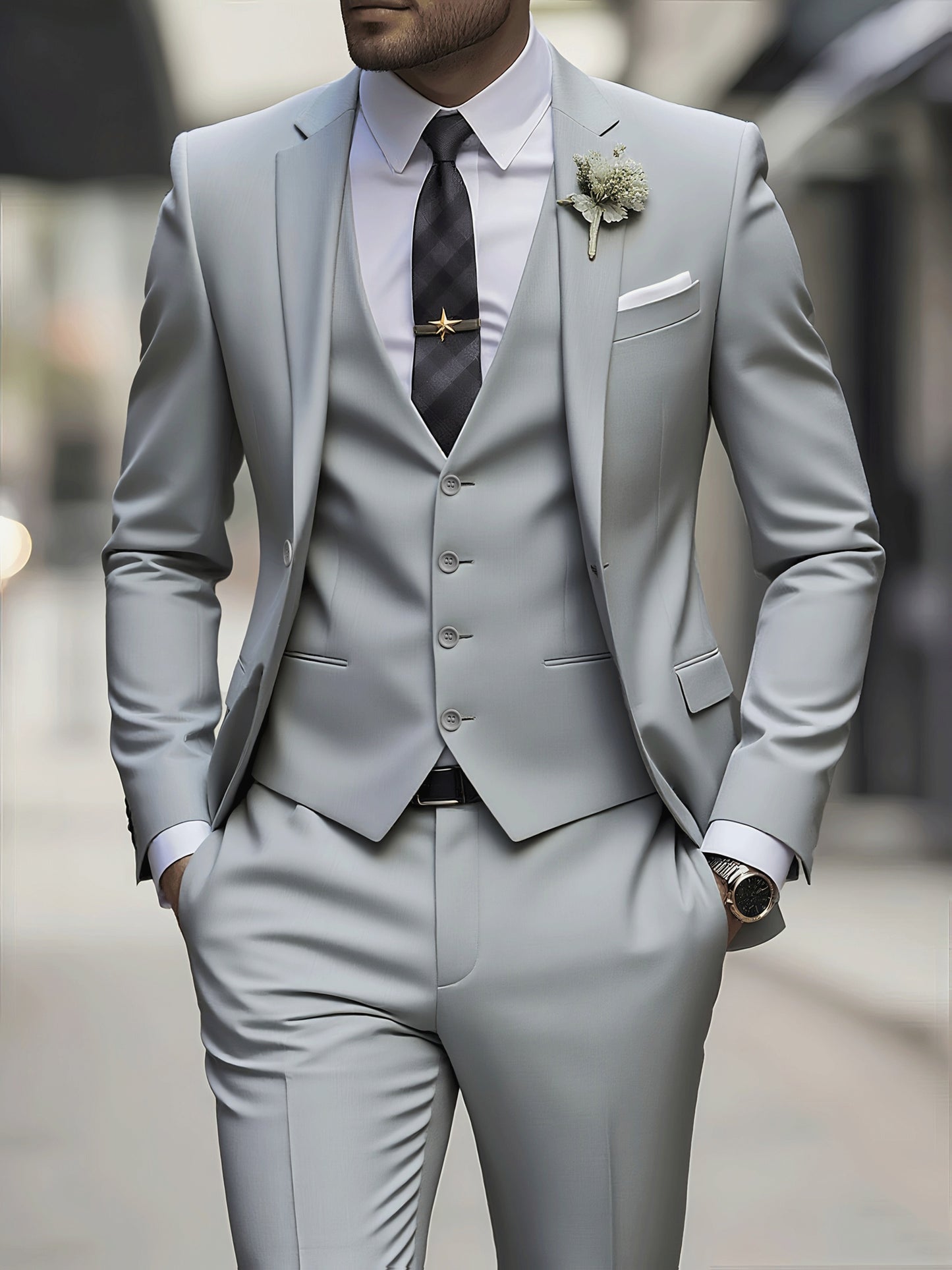 Men's 3-Piece Polyester Suit Set with Jacket, Vest & Trousers