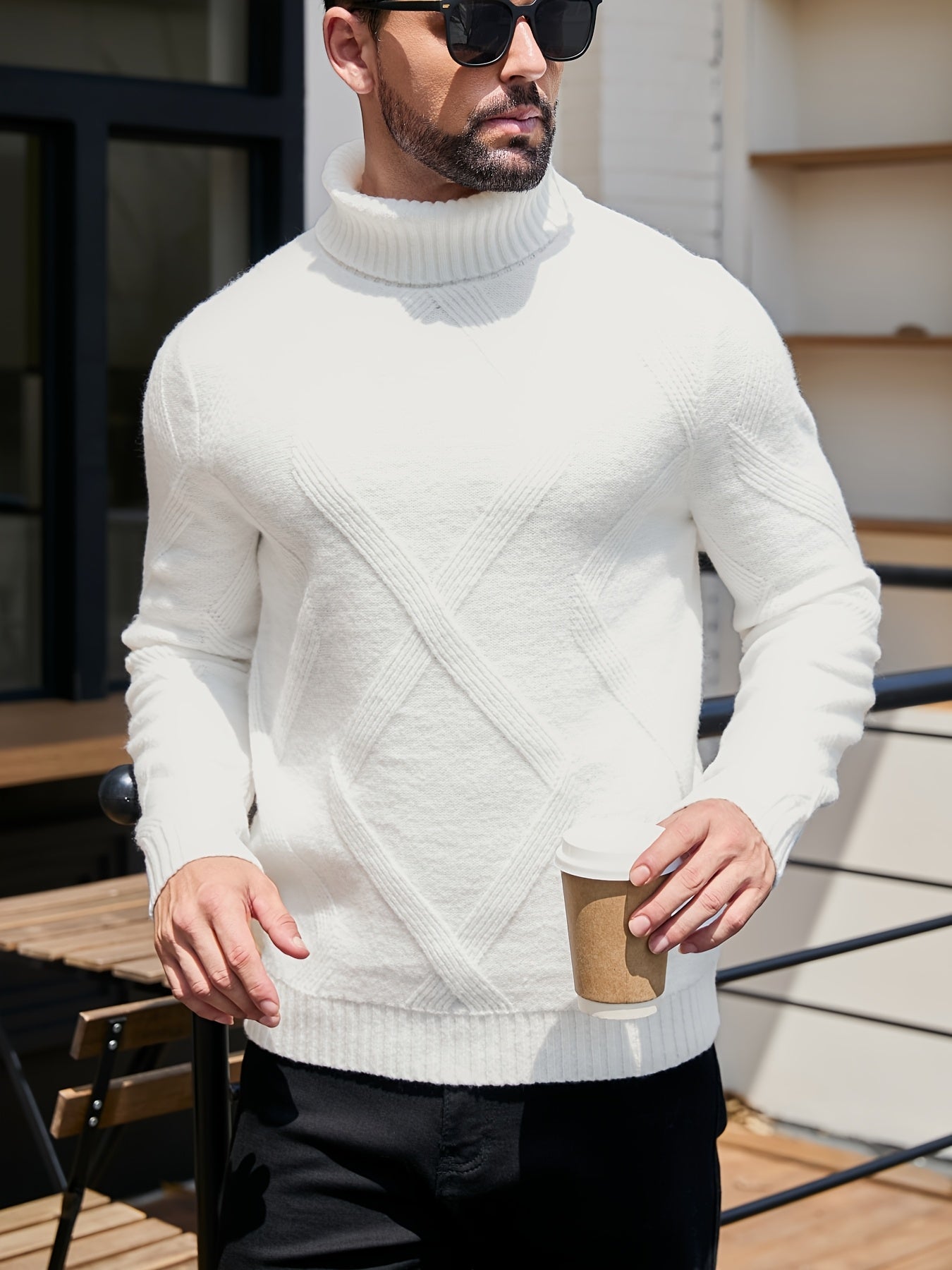 Men's High Neck Solid Color Long Sleeve Textured Geometric Pattern Knit Sweater Regular Fit Pullover
