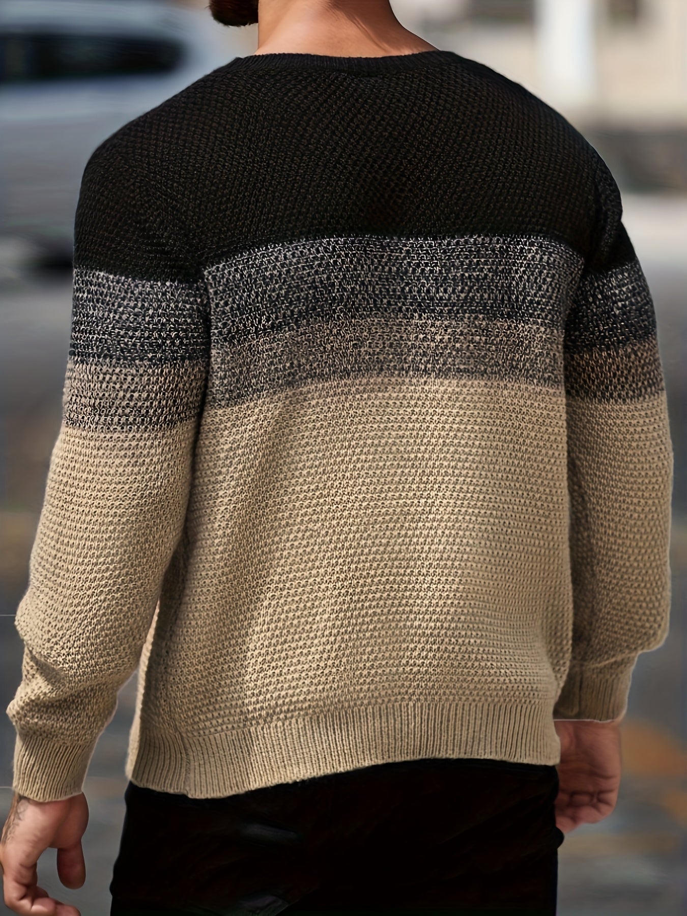 Men's Winter Gradient Color-Block Knit Sweater - Loose Fit Style Ombre Blending (Warm Round Neck Pullover) for Cold Weather, Casual & Smart-Casual Outfits - Opaque Loose-Fit Top