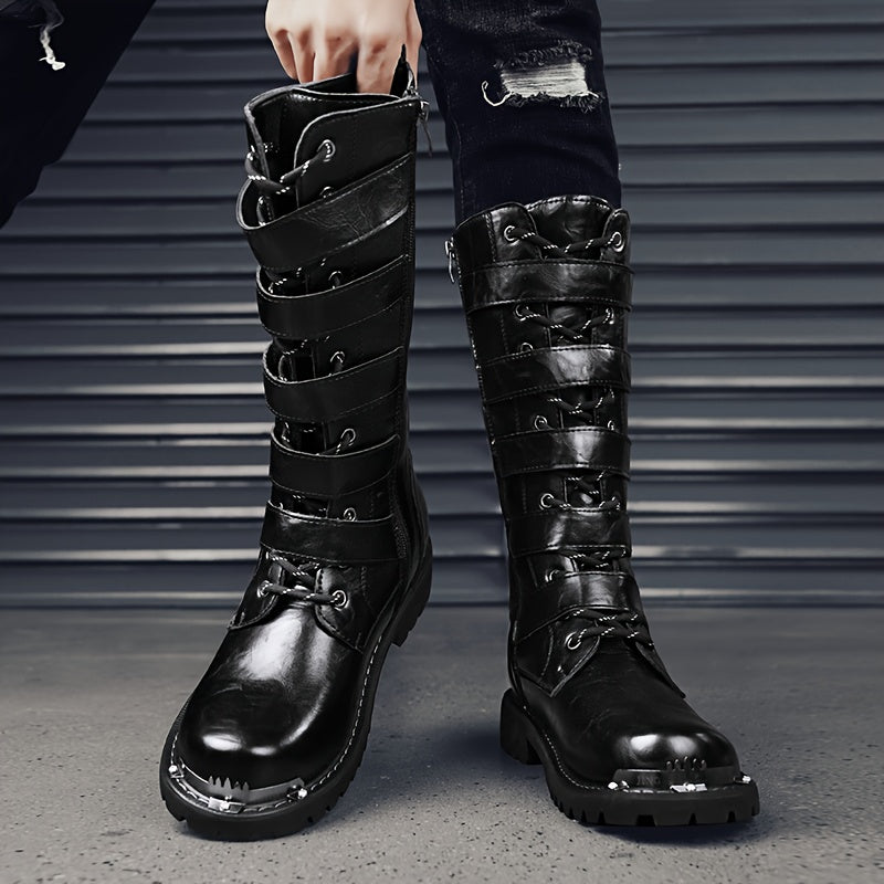 Men's Stylish PU Leather Boots with Zipper and Buckle
