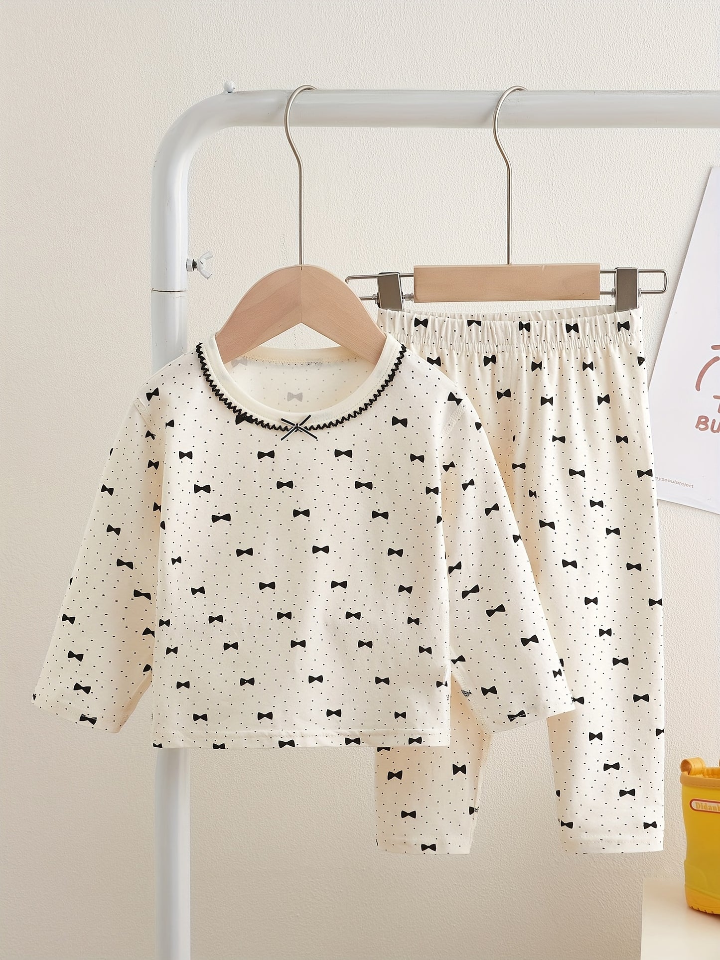 Girls' Cotton Bow Print Casual Top and Pants Set for Spring-Fall