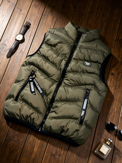 Men's Thickened Polyester Warm Vest with Full-Zip and Stand Collar