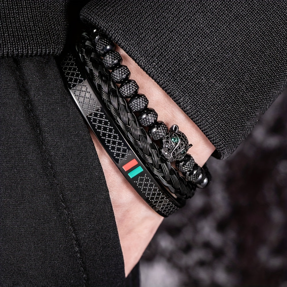 European and American Classic Light Luxury Leopard Head Handmade Braided Men's Bracelet Red Green Drop Glue Bracelet Set