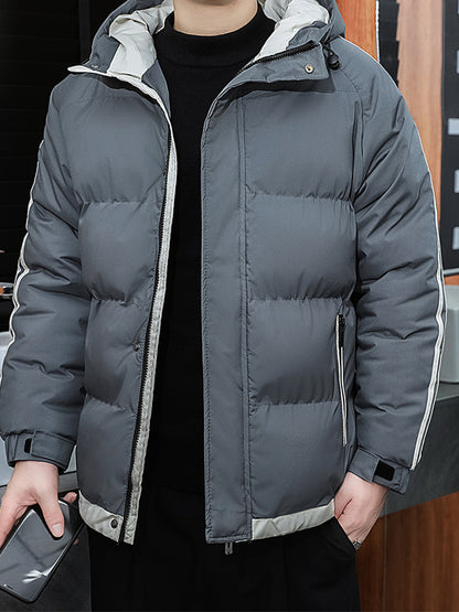 1pc Men's Heavy-Duty Winter Jacket with Hood - -Filled Coat, White & Dark Green, Golden-Zip Closure, Machine Washable, Casual Outdoor Wear (Snow, Windproof) - Regular Fit for, Skiing, Cold