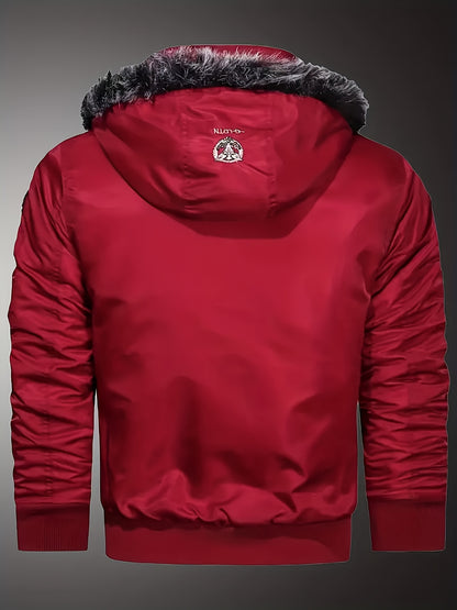 Men'S Heavyweight Winter Jacket with Detachable Hood & 3D Lettering - Full-Zip Windproof Coat, Multi-Pocket Design, Machine Washable