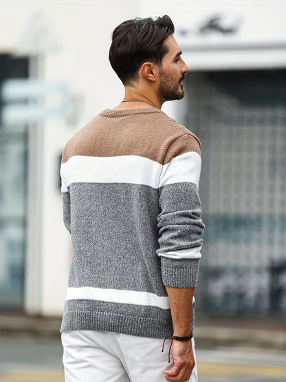 Men's Color-blocked Tweed Knitted Sweater, Round-neck Long-sleeved Knitted Color-blocked Light Gray for Business and Casual Outings