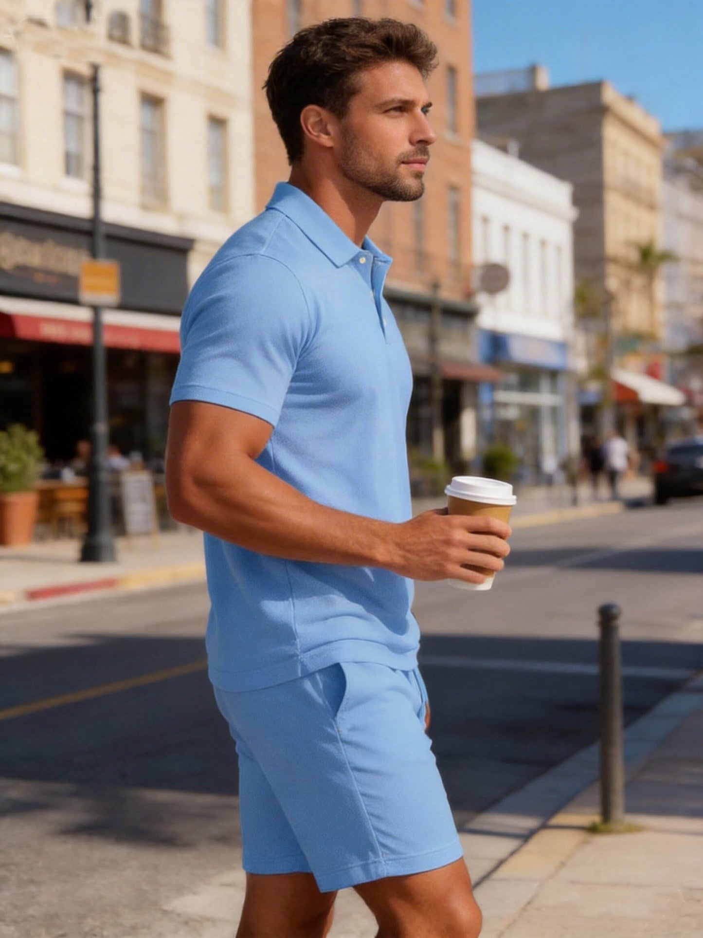 Men’s Summer Casual Golf Shirt and Solid Waist Shorts Set