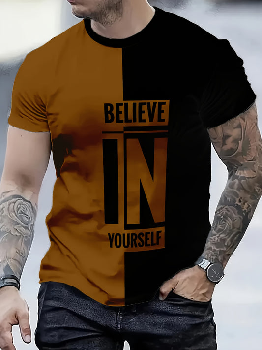 Men's Stylish "Believe In Yourself" Graphic Tee - Casual Crew Neck T-Shirt, Black  Orange Design, Short Sleeve, All-Season Comfort Fit for Adult Men, Casual Wear   Split Color Tee   Durable Fabric, Tee Shirts