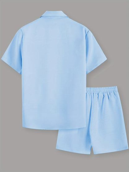 Men's Casual Solid Color Short Sleeve Shirt & Drawstring Shorts Set