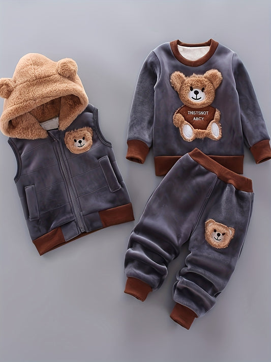 Boys' Autumn and Winter Fleece-Lined Warm Long Sleeve Set with Bear Face, Stylish Casual Three-Piece Outfit, Perfect for Outdoor Activities, Outdoor Playwear, |playful Bear Design|zippered Jacket, For Outdoor