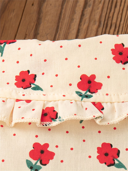 's Red & White Poinsettia & Star Print Dress with Ruffled Collar & Lace Trim - Long Sleeve A-Line Winter Party Dress for Christmas, New Year's, Photo Shoots - Soft Short Dress Outfit (Hand Washable Clothing)