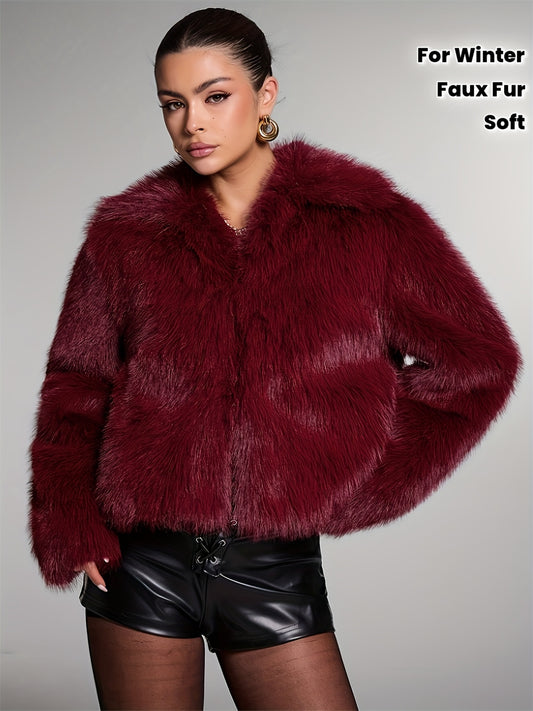 Women'S Elegant Vintage Faux Fur Coat - Long Sleeve Solid Color Design with Fleece Lining, Machine Washable Winter Jacket, Luxurious Texture, Button Front Closure, Soft Touch, Warm and Cold-Resistant Outerwear