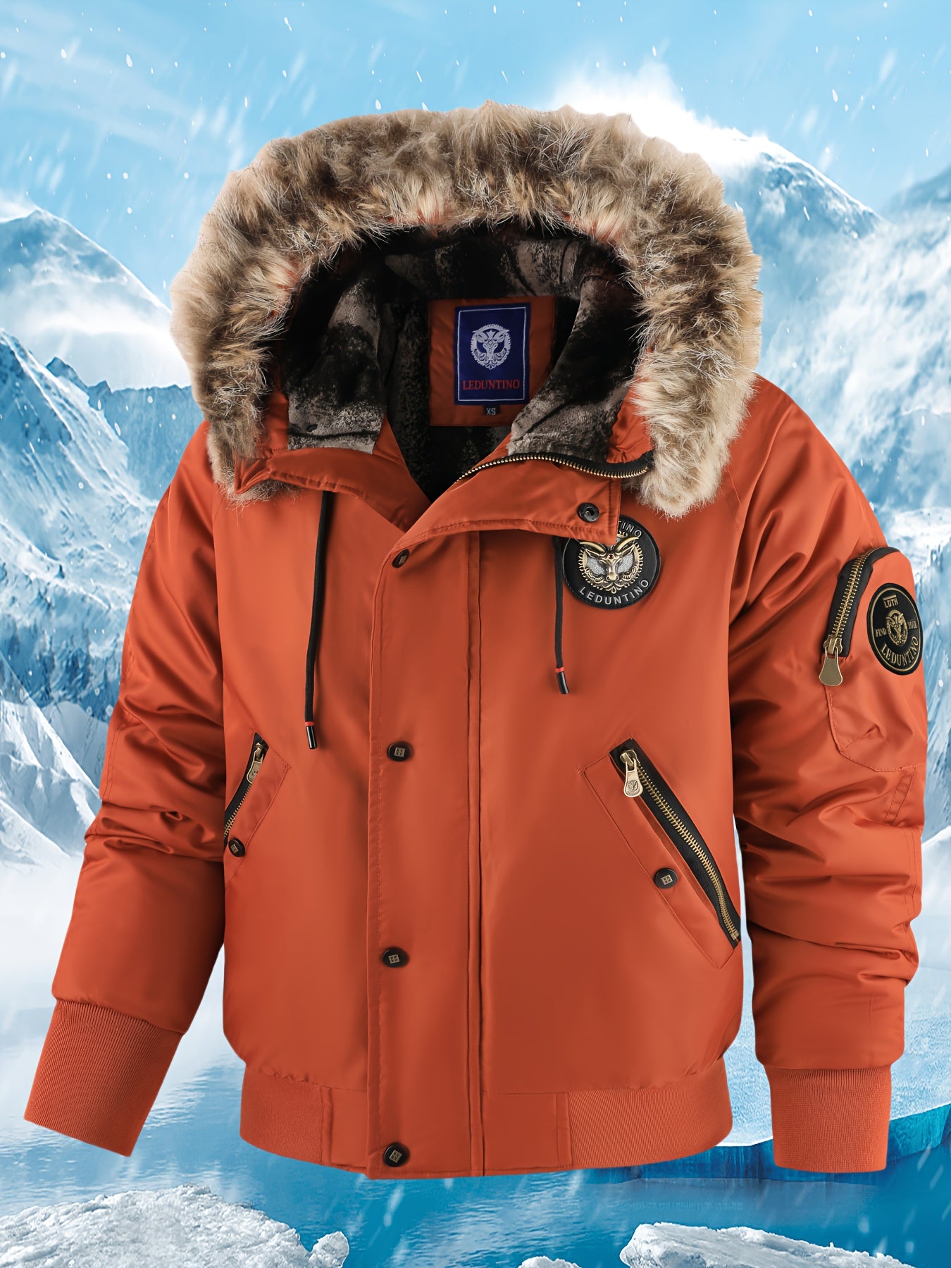 Men's Winter Coat - New Warm Hooded Jacket with Golden Print Accents, Loose Fit Casual Outerwear for Cold Weather, Machine Washable, Thick Comfort Plush Lining