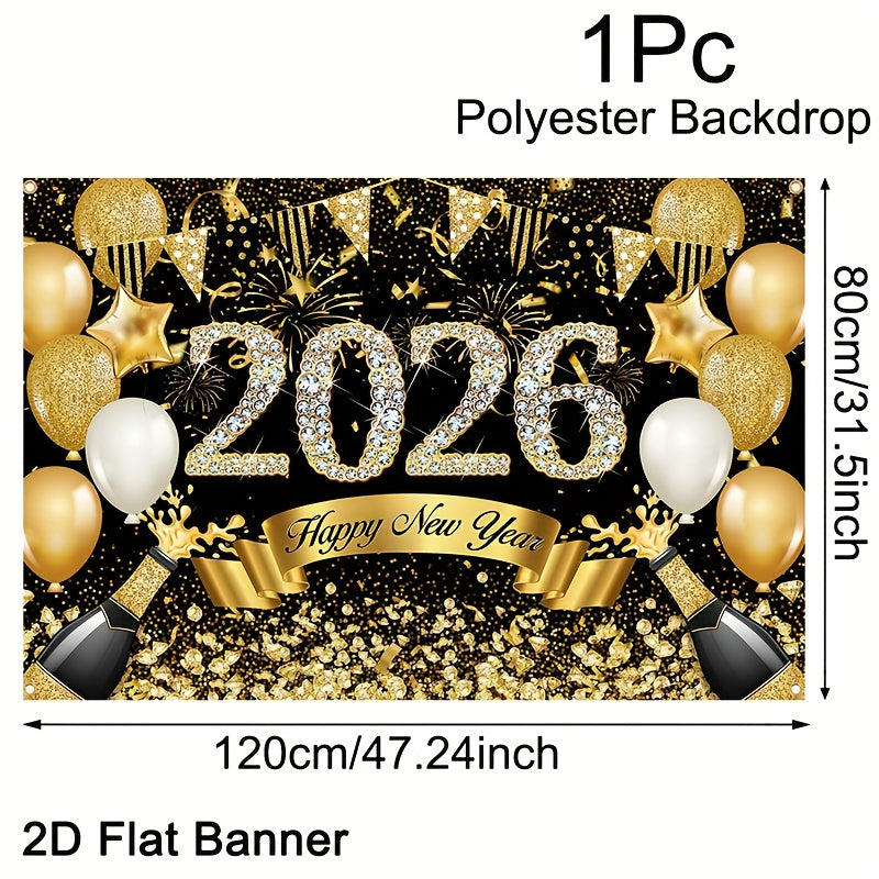 2D Flat, 1pc 2026 Happy New Year Party Backdrop Banner - 80x120cm Polyester Champagne & Cityscape Design, Golden & Purple Fireworks, Festive New Year'S Eve Decor for Home, No Electricity Needed, New Year Decorations, Flag For