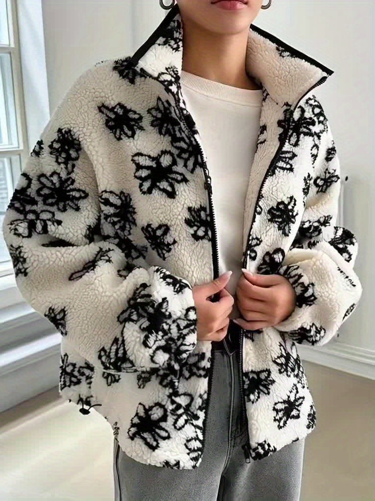 Women'S Cozy Fleece-Lined Floral Print Jacket - Casual Long Sleeve Zip-Up with Black & White Flower Design, Soft Warm Outerwear for Fall/Winter, Cozy Fall Wear | Floral Print Jacket | Zippered Jacket