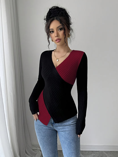 Women'S Elegant Color Block Long Sleeve T-Shirt - V-Neck, Slim Fit, & Pink, Comfortable & Stylish for Spring/Fall, Versatile Casual or Dressy Outfits, Versatile Fashion | Vneck Top | Construction, Ladies T Shirts