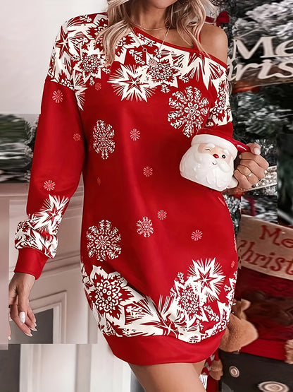 Women's Christmas Party Dress - One-Shoulder/Asymmetrical Neckline, Red and White Holiday Outfit, Slim Fit for Christmas Eve, New Year's Eve, Winter Events - Elegant Christmas Apparel, Christmas Dress, Holiday Wear, Off-Shoul