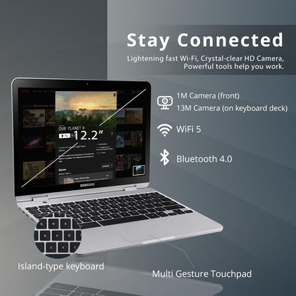 SAMSUNG plus V2 2-In-1 12.2" Touchscreen Chromebook Laptop, Intel Celeron 3965Y, 4GB RAM, 64GB Emmc, 1M Front Camera, Wi-Fi, Bluetooth, Microsd Reader, Stylus Pen, Chrome OS, Silver, 128GB USB Card