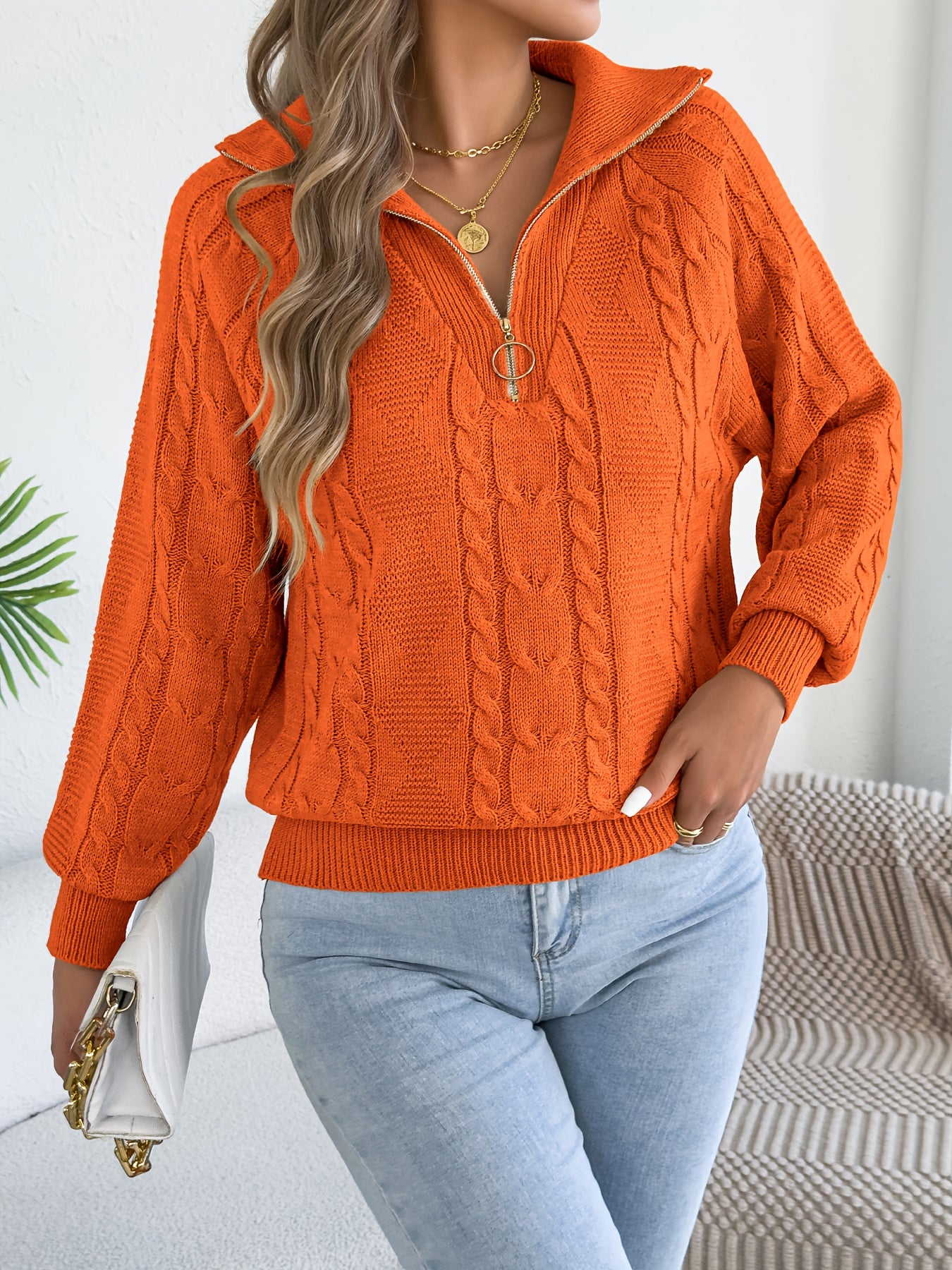 Autumn and Winter Leisure Vacation Pullover Sweater Solid Color Zipper Lapel Women's Sweater