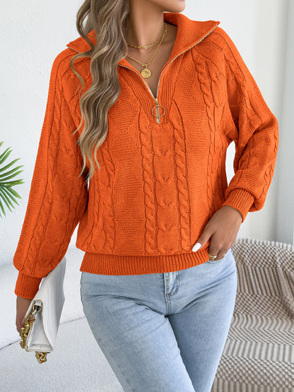 Autumn and Winter Leisure Vacation Pullover Sweater Solid Color Zipper Lapel Women's Sweater