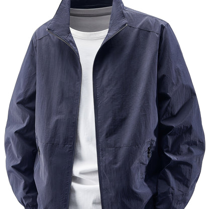 Men'S Olive Green Bomber Jacket with Stand Collar - Casual, Comfortable, Zip-Up Outerwear for Outdoor Activities, Casual Attire|Stand Collar Jacket|Zippered Jacket