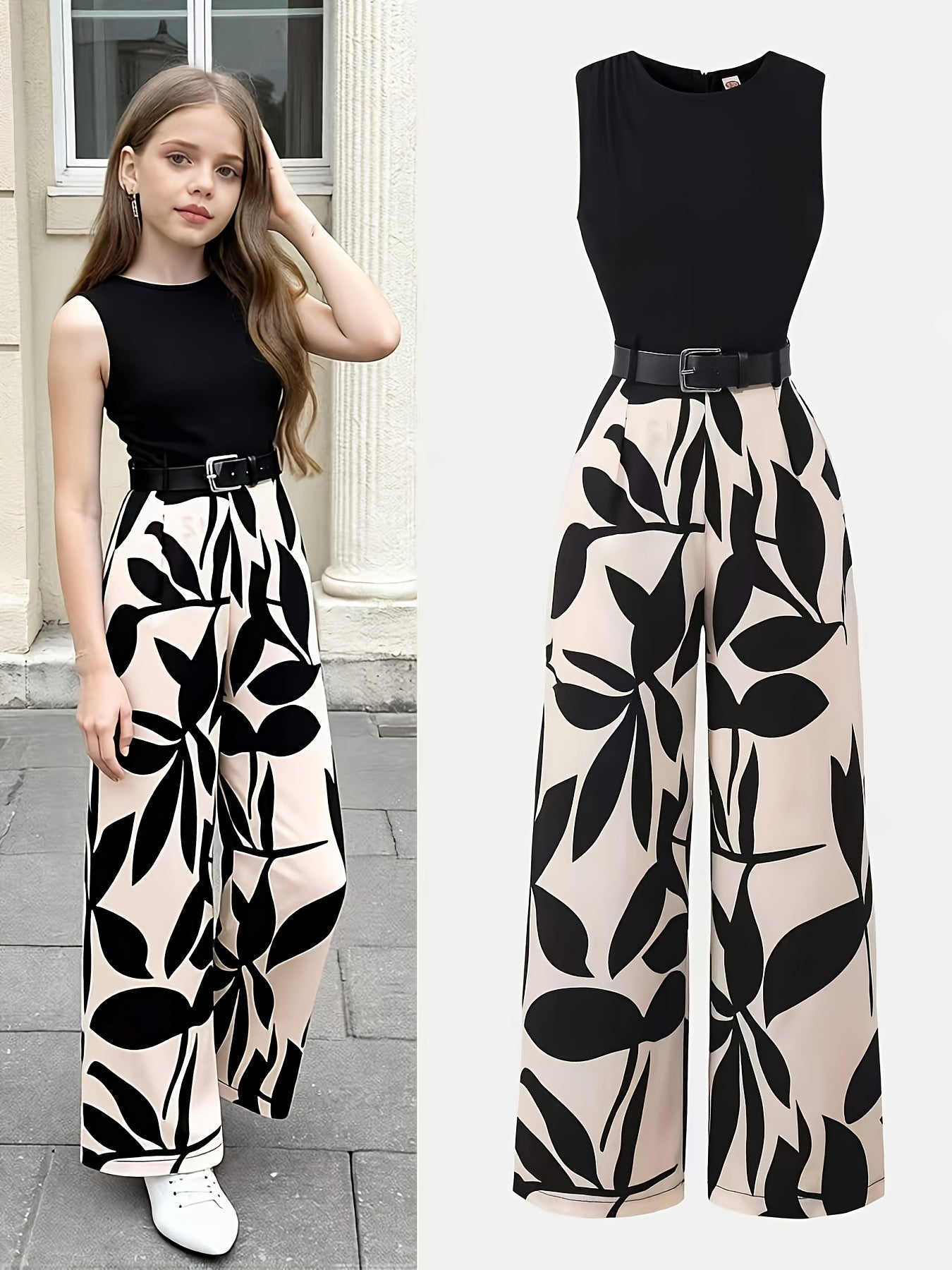 Girls' Summer Sleeveless Floral Top with Belted Wide-Leg Pants