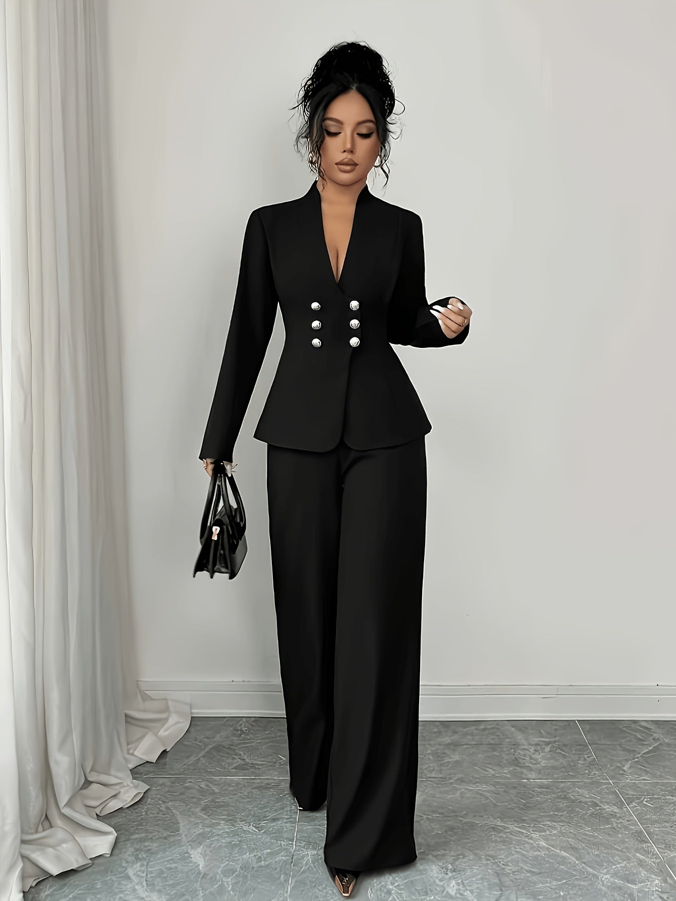 Women's Chic Solid Color Polyester Pants Set for All Seasons