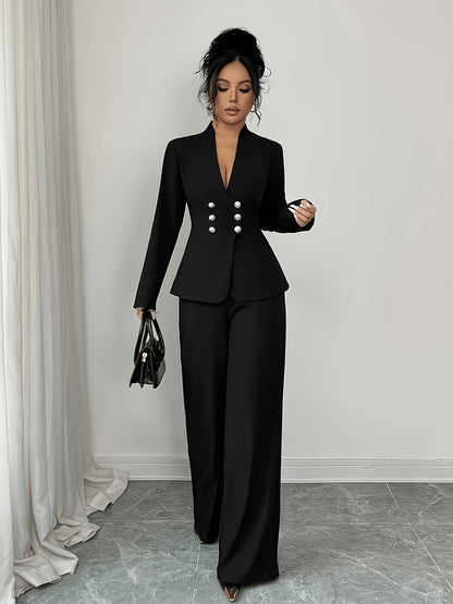 Women's Chic Solid Color Polyester Pants Set for All Seasons