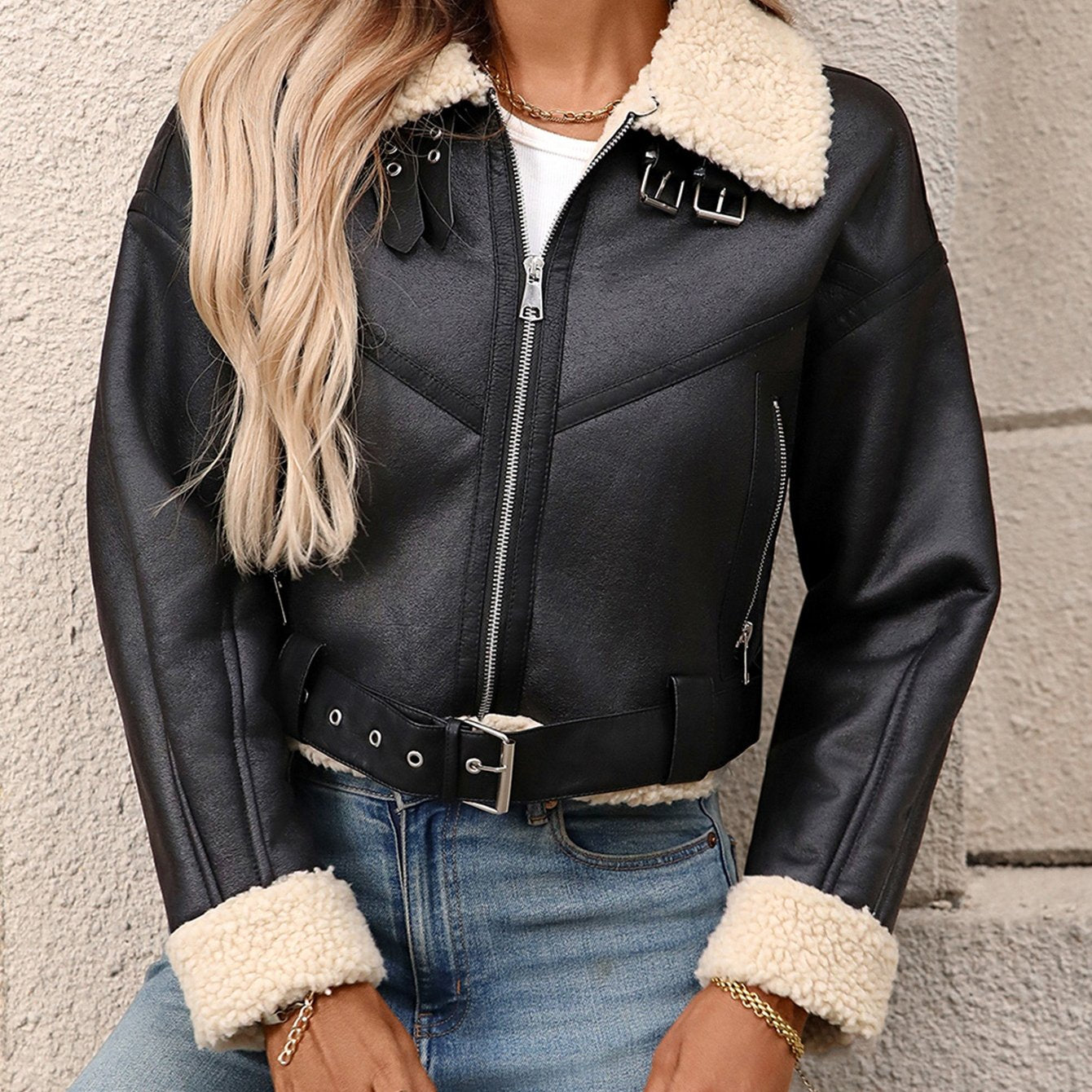 Women's Autumn/Winter Street Retro Belted Zipper Thick Short Faux Lambskin Coat