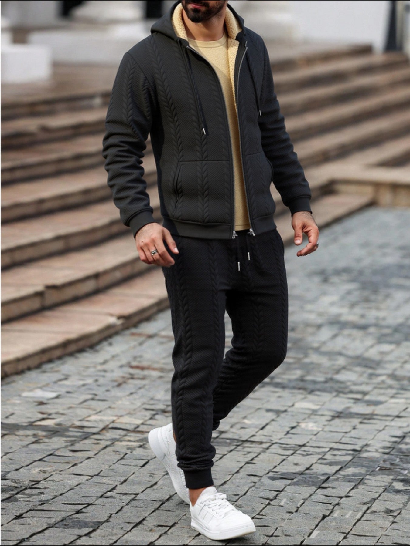 Men's Winter Fashion Two-Piece Set: Jacquard Hooded Cardigan with Lining & Long Pants – Ideal for Autumn and Winter, Winter Clothes For Men