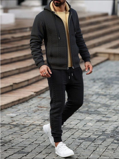 Men's Winter Fashion Two-Piece Set: Jacquard Hooded Cardigan with Lining & Long Pants – Ideal for Autumn and Winter, Winter Clothes For Men