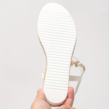 Women'S Fashion Wedge Sandals with Rhinestone Embellishments - Open-Toe Platform Heel, Green  White Design, Comfortable Microfiber Upper  Rubber Sole for All-Season Wear, High Heel Sandals, Summer Footwear, Decorative Ankle