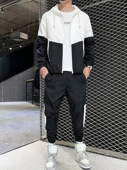 Men's Casual Athletic Hoodie and Pants Set - Color Block Design, Polyester, Machine Washable, Spring/Fall Sportswear, Blue & White Two-Piece Outfit, Everyday Activewear|Modern Athletic Look|Polyester Sportswear